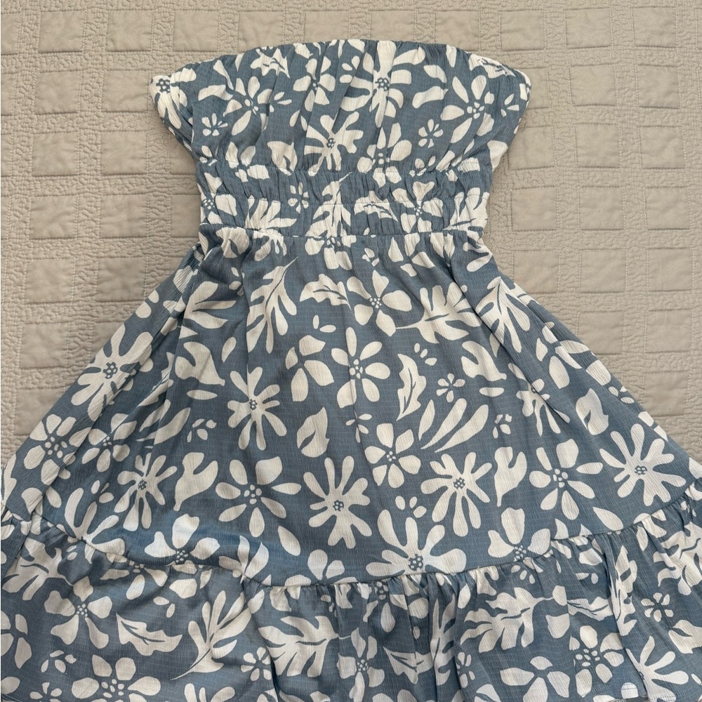 Floral Strapless Dress in Blue and White